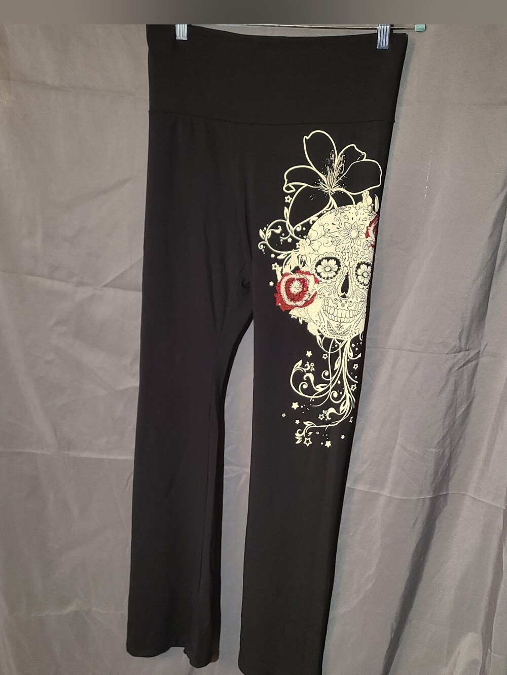 Black Wide-Leg Pants with Cream Sugar Skull and Red Rose Detail